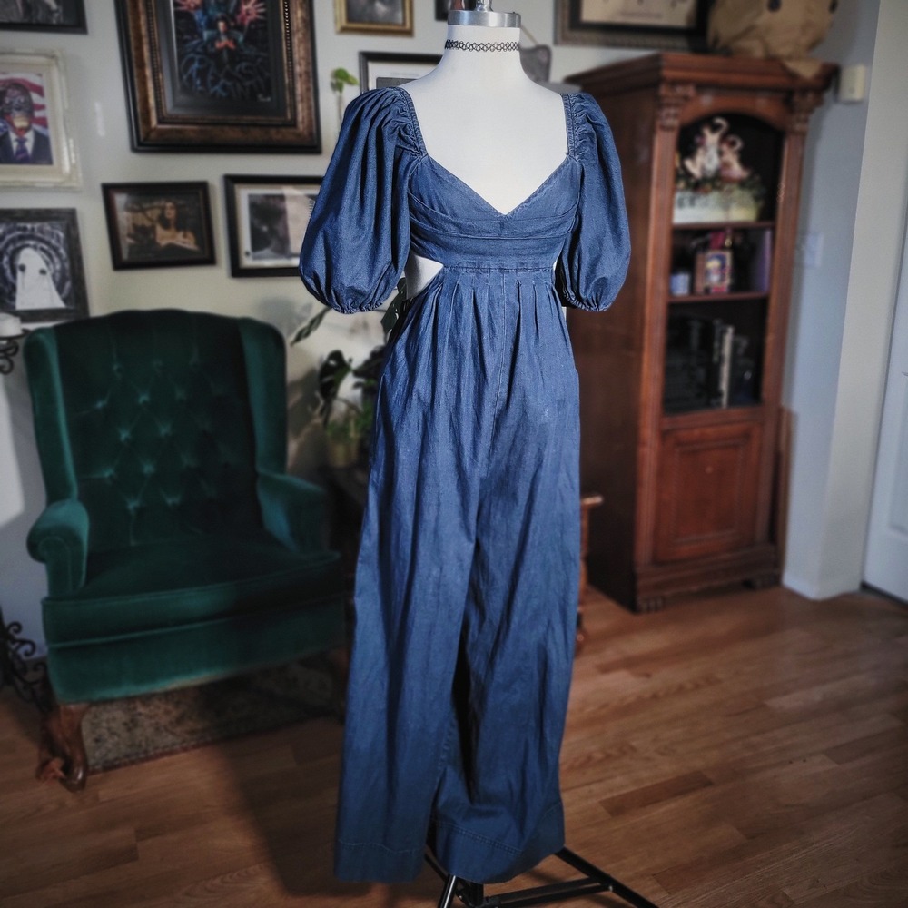 Free People Denim Jumpsuit Wide Leg Puff Sleeve Cutout Bodysuit